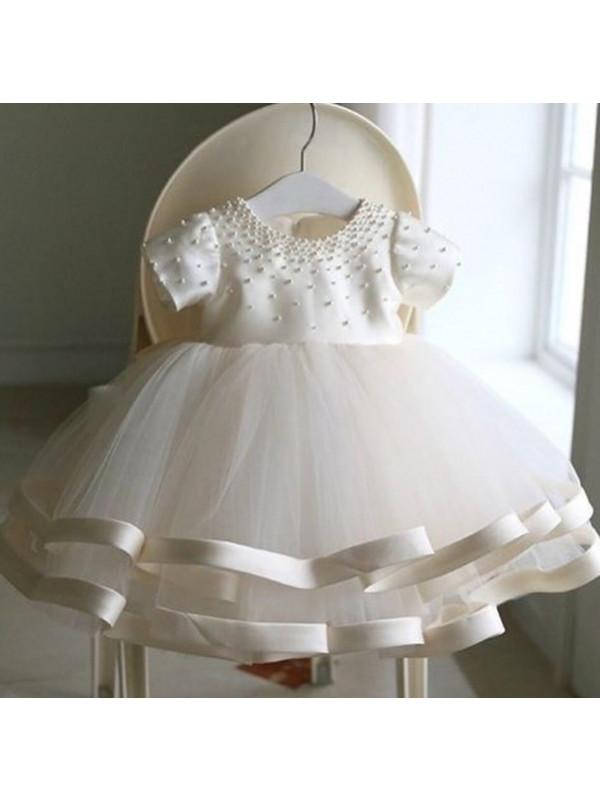 Megan White Pearl Flower Girl Dress