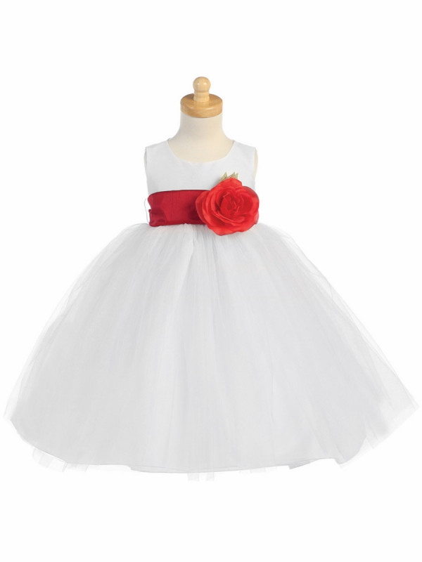 Zolindu Gabriel White Poly Silk Bodice & Tulle Skirt Dress w Detachable Flower & Sash