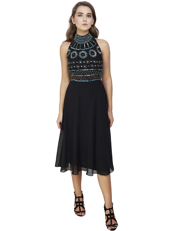 Debra Round Neck Dress Black Multi