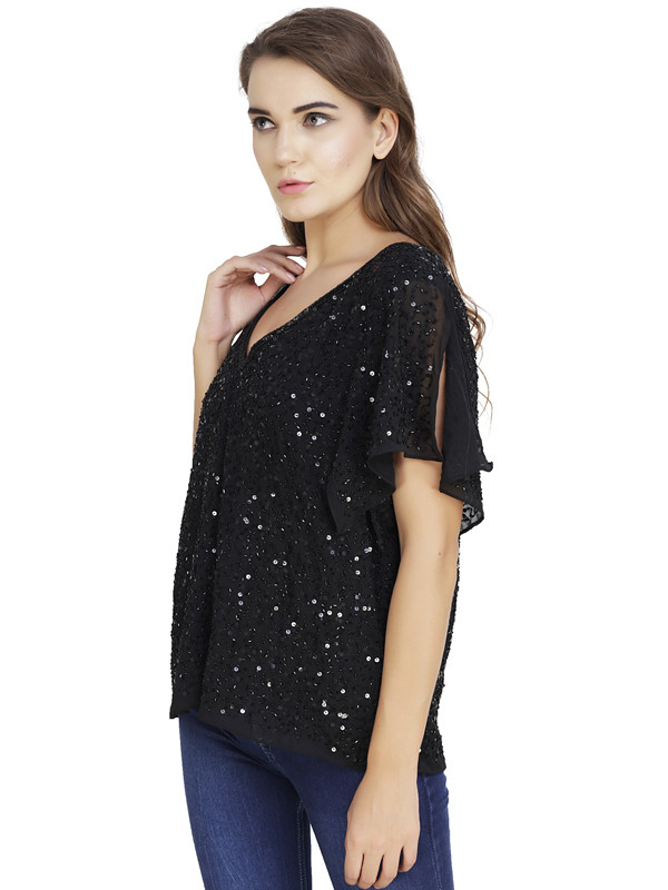 Denise Frill Sleeve Top Black