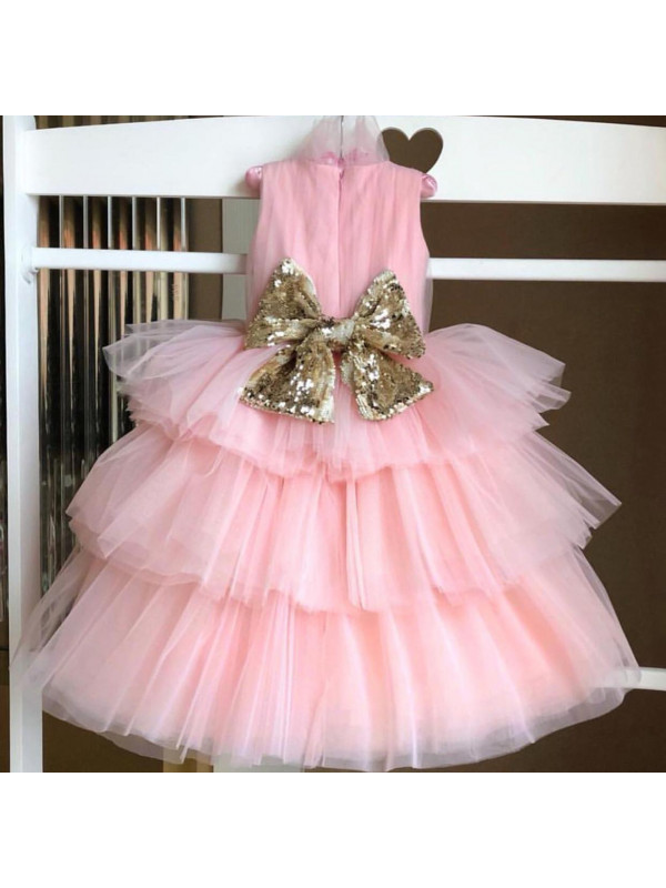 Annie Baby Pink With Gloden Sequin Bow Multilayer Dress