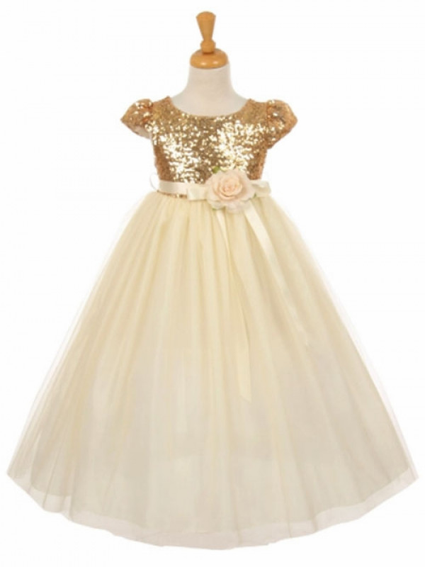 Zolindu  Aaida Gold Short Sleeve Sequins & Tulle Dress