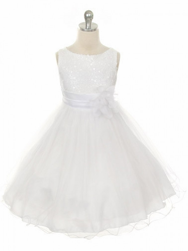 Zolindu Adalaide White Sequined Bodice w Double Layered Mesh Dress