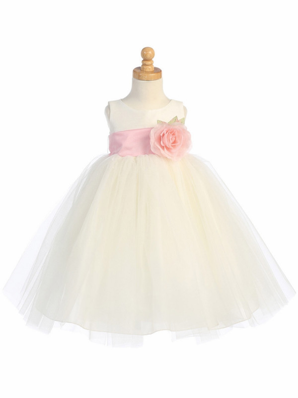 Zolindu Chloe Ivory Poly Silk Bodice Tulle Skirt Dress W-DetachableFlower